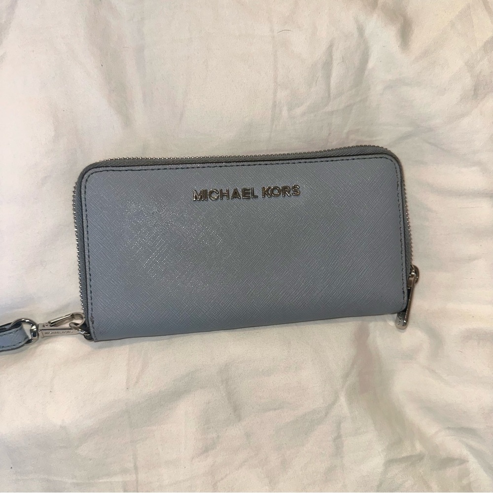 Michael Kors Powder Blue Saffiano Zip Wristlet Wallet